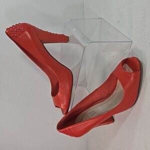 Elliott Lucca Andrea Leather Woven Peep Toe Orange Chili Heels size 9½